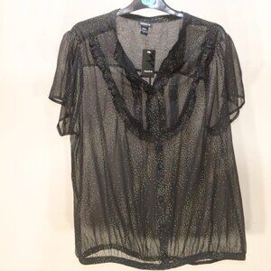 Torrid Black Sheer Button Down Blouse Top Gold Sparkle Size 1